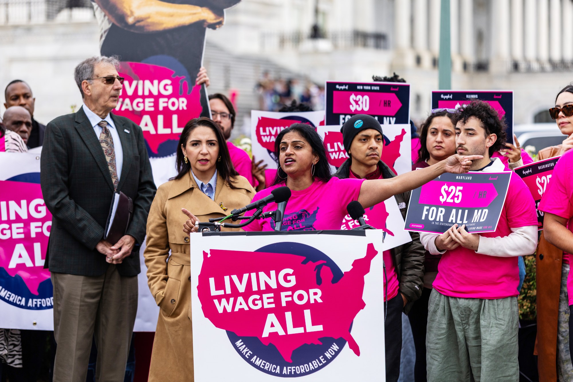 Saru Jayaraman, President and Co-Founder of One Fair Wage, speaking at the U.S. Capitol at the federal Living Wage For All Act launch
